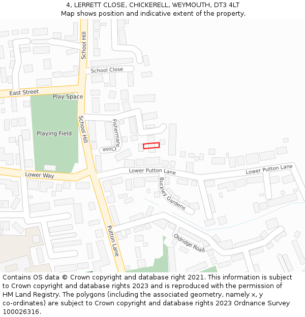 4, LERRETT CLOSE, CHICKERELL, WEYMOUTH, DT3 4LT: Location map and indicative extent of plot