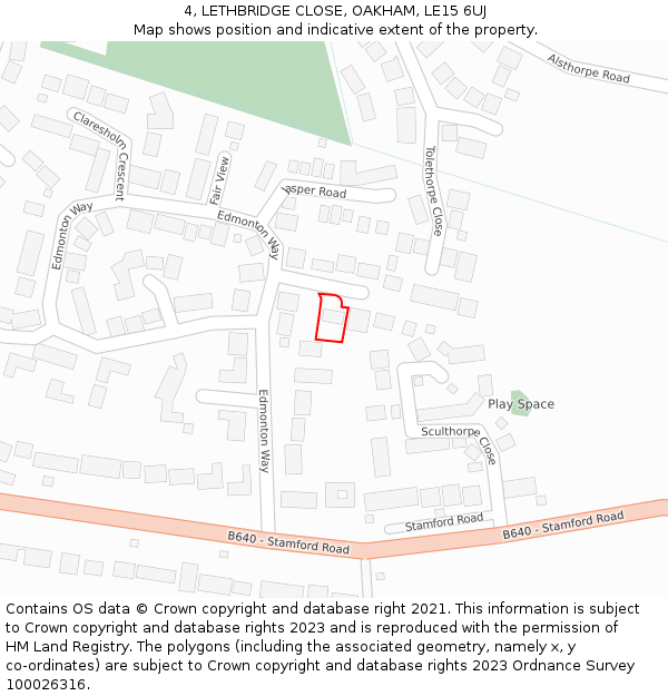 4, LETHBRIDGE CLOSE, OAKHAM, LE15 6UJ: Location map and indicative extent of plot