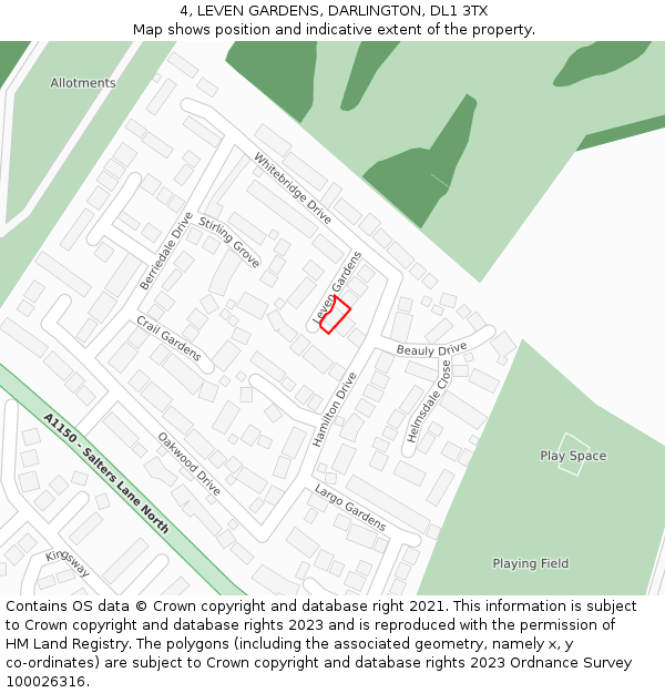 4, LEVEN GARDENS, DARLINGTON, DL1 3TX: Location map and indicative extent of plot