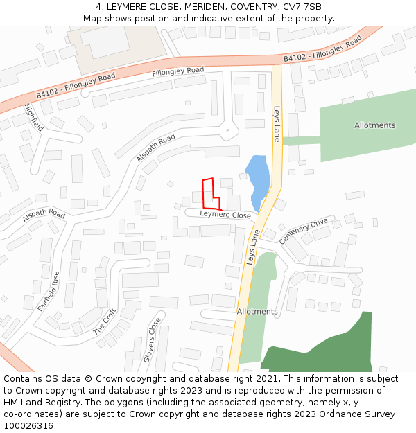 4, LEYMERE CLOSE, MERIDEN, COVENTRY, CV7 7SB: Location map and indicative extent of plot