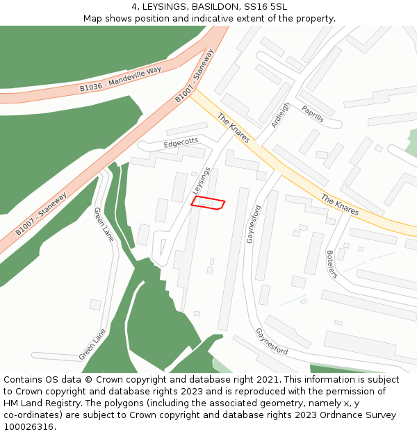 4, LEYSINGS, BASILDON, SS16 5SL: Location map and indicative extent of plot