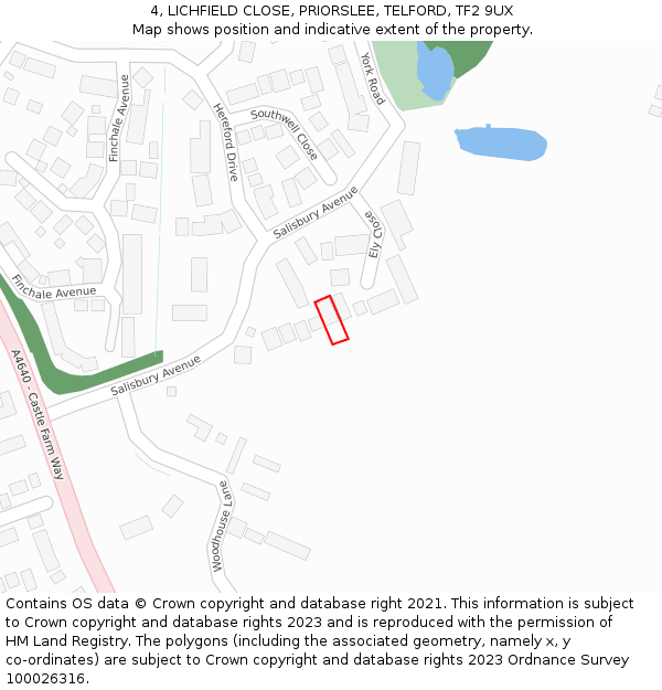 4, LICHFIELD CLOSE, PRIORSLEE, TELFORD, TF2 9UX: Location map and indicative extent of plot