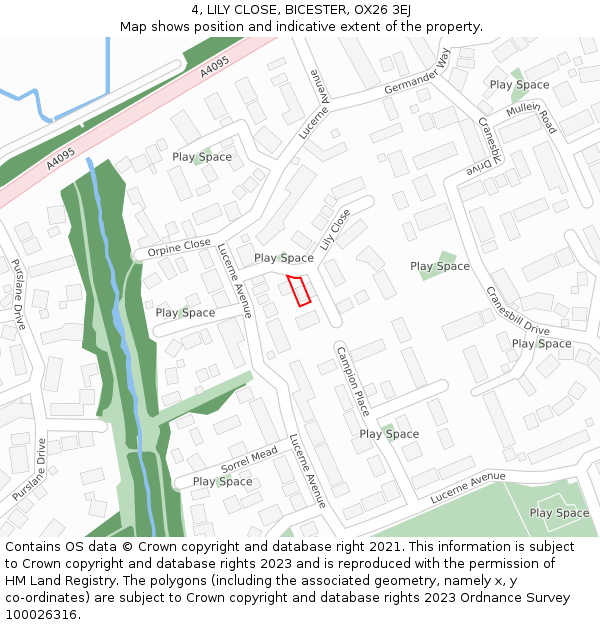 4, LILY CLOSE, BICESTER, OX26 3EJ: Location map and indicative extent of plot
