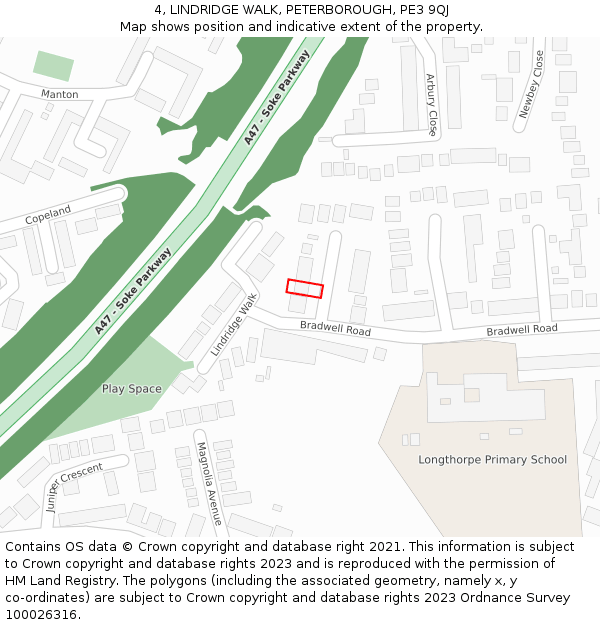 4, LINDRIDGE WALK, PETERBOROUGH, PE3 9QJ: Location map and indicative extent of plot