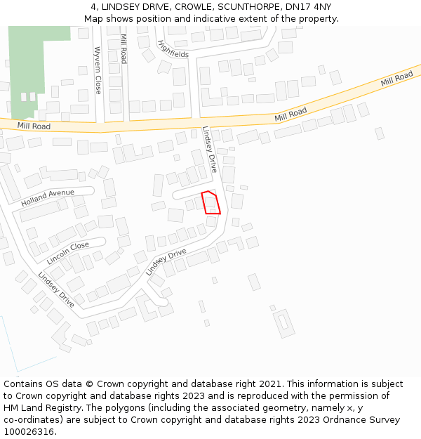 4, LINDSEY DRIVE, CROWLE, SCUNTHORPE, DN17 4NY: Location map and indicative extent of plot