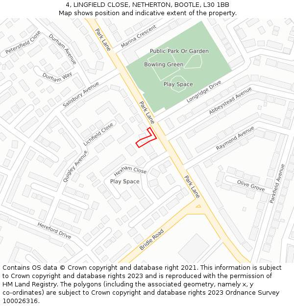 4, LINGFIELD CLOSE, NETHERTON, BOOTLE, L30 1BB: Location map and indicative extent of plot