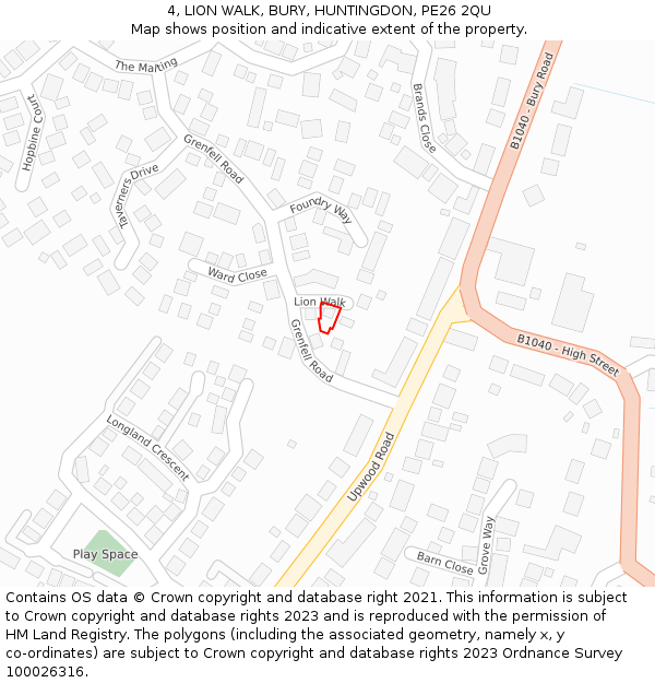 4, LION WALK, BURY, HUNTINGDON, PE26 2QU: Location map and indicative extent of plot