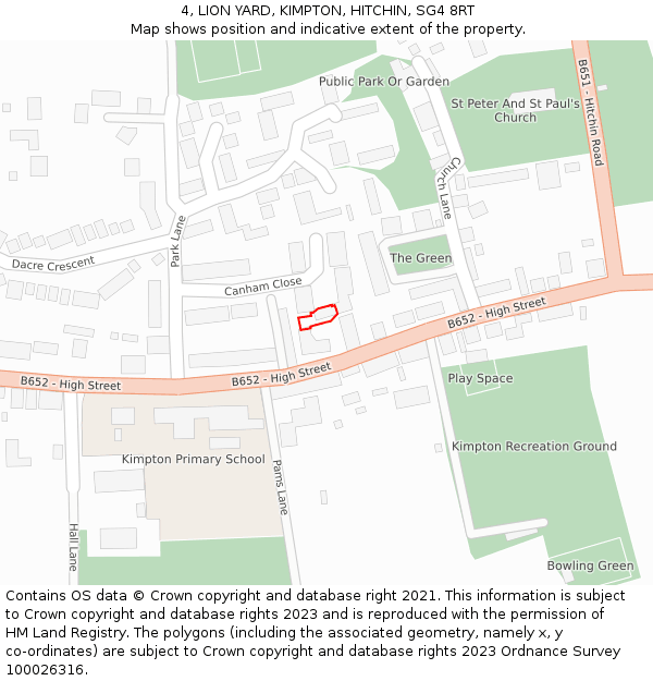 4, LION YARD, KIMPTON, HITCHIN, SG4 8RT: Location map and indicative extent of plot