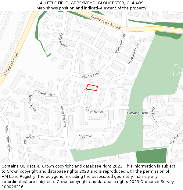 4, LITTLE FIELD, ABBEYMEAD, GLOUCESTER, GL4 4QS: Location map and indicative extent of plot