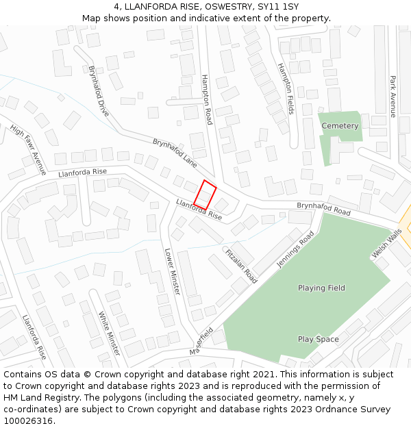 4, LLANFORDA RISE, OSWESTRY, SY11 1SY: Location map and indicative extent of plot