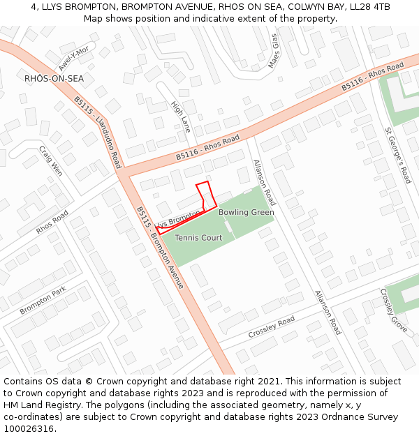 4, LLYS BROMPTON, BROMPTON AVENUE, RHOS ON SEA, COLWYN BAY, LL28 4TB: Location map and indicative extent of plot