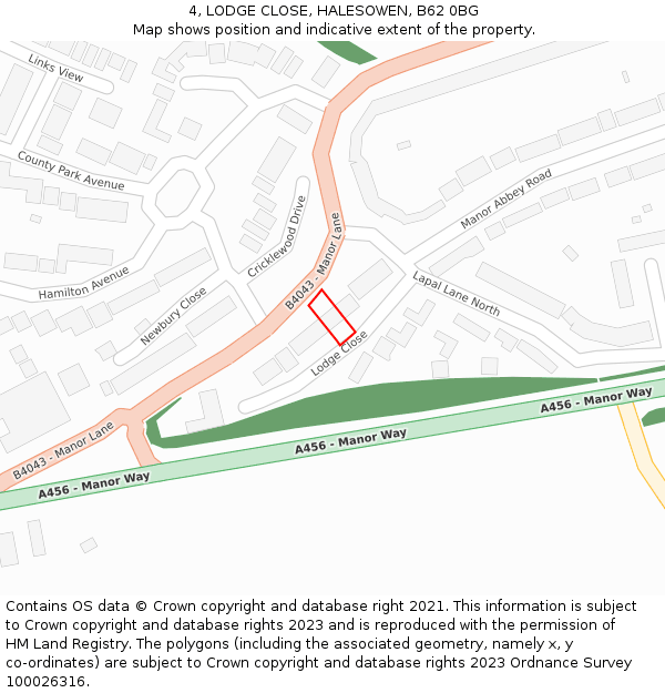 4, LODGE CLOSE, HALESOWEN, B62 0BG: Location map and indicative extent of plot