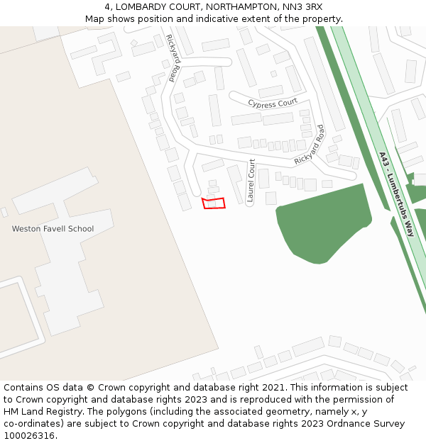 4, LOMBARDY COURT, NORTHAMPTON, NN3 3RX: Location map and indicative extent of plot