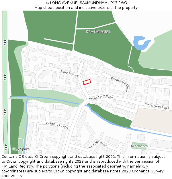 4, LONG AVENUE, SAXMUNDHAM, IP17 1WG: Location map and indicative extent of plot