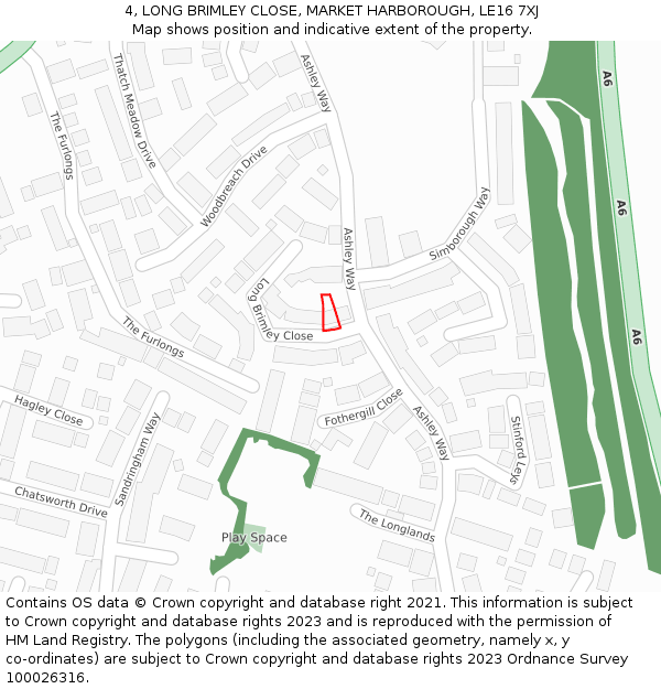 4, LONG BRIMLEY CLOSE, MARKET HARBOROUGH, LE16 7XJ: Location map and indicative extent of plot