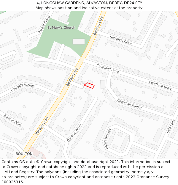 4, LONGSHAW GARDENS, ALVASTON, DERBY, DE24 0EY: Location map and indicative extent of plot