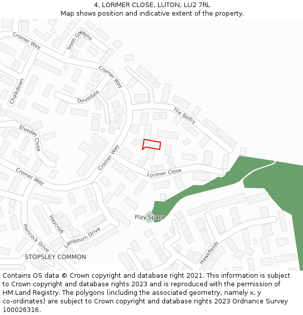 4, LORIMER CLOSE, LUTON, LU2 7RL: Location map and indicative extent of plot