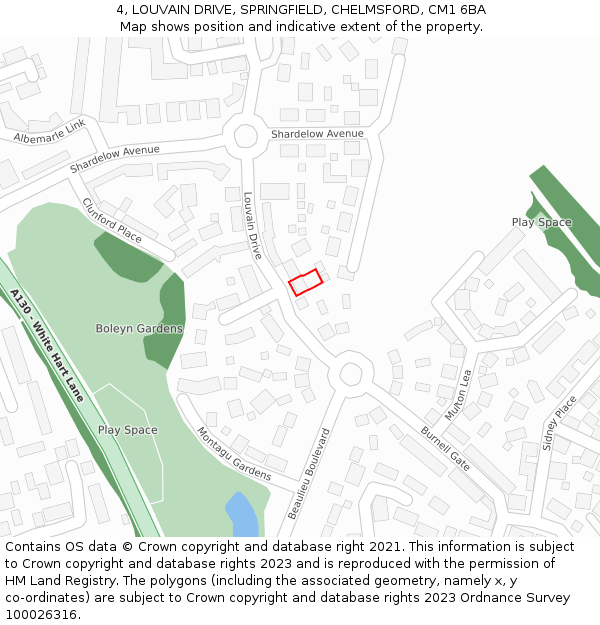 4, LOUVAIN DRIVE, SPRINGFIELD, CHELMSFORD, CM1 6BA: Location map and indicative extent of plot