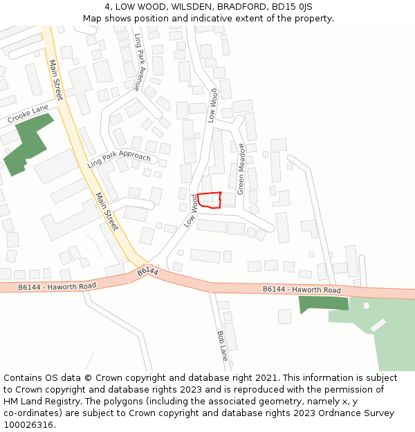 4, LOW WOOD, WILSDEN, BRADFORD, BD15 0JS: Location map and indicative extent of plot