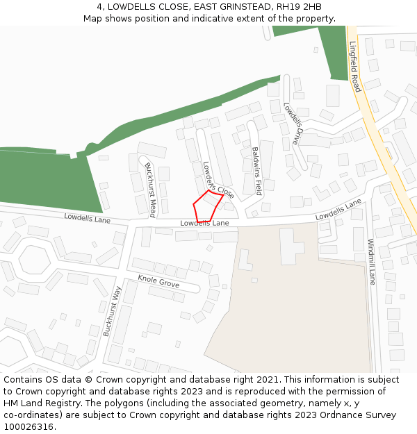 4, LOWDELLS CLOSE, EAST GRINSTEAD, RH19 2HB: Location map and indicative extent of plot