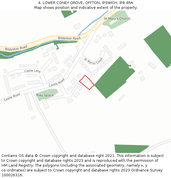 4, LOWER CONEY GROVE, OFFTON, IPSWICH, IP8 4RA: Location map and indicative extent of plot