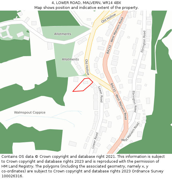 4, LOWER ROAD, MALVERN, WR14 4BX: Location map and indicative extent of plot