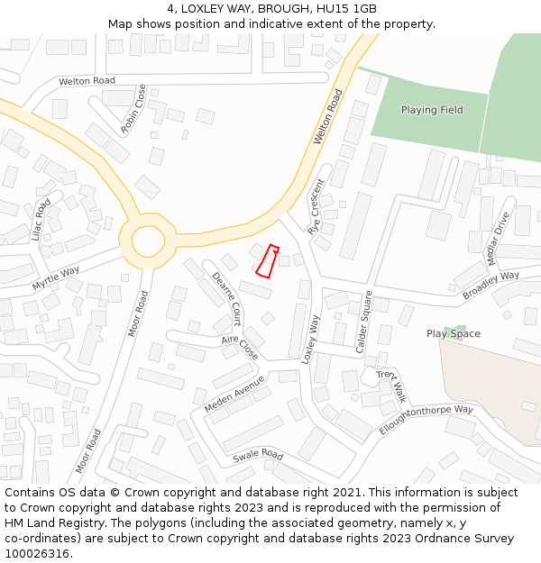 4, LOXLEY WAY, BROUGH, HU15 1GB: Location map and indicative extent of plot