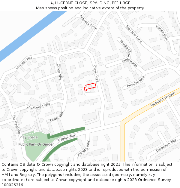 4, LUCERNE CLOSE, SPALDING, PE11 3GE: Location map and indicative extent of plot