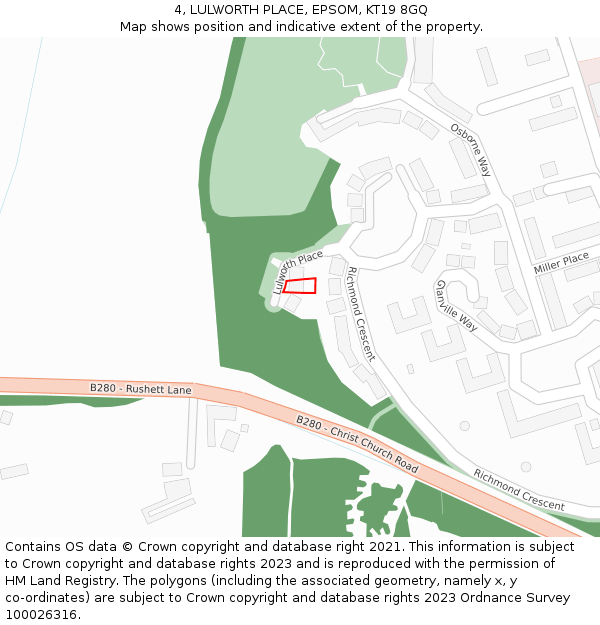 4, LULWORTH PLACE, EPSOM, KT19 8GQ: Location map and indicative extent of plot