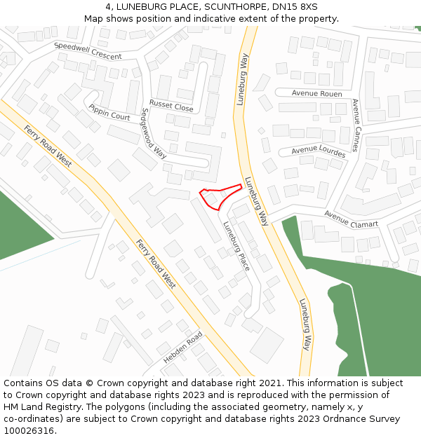 4, LUNEBURG PLACE, SCUNTHORPE, DN15 8XS: Location map and indicative extent of plot
