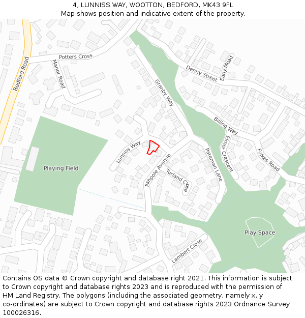 4, LUNNISS WAY, WOOTTON, BEDFORD, MK43 9FL: Location map and indicative extent of plot