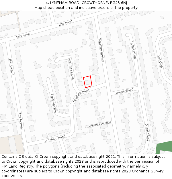 4, LYNEHAM ROAD, CROWTHORNE, RG45 6NJ: Location map and indicative extent of plot