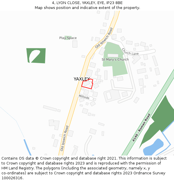4, LYON CLOSE, YAXLEY, EYE, IP23 8BE: Location map and indicative extent of plot