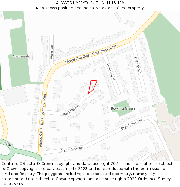 4, MAES HYFRYD, RUTHIN, LL15 1FA: Location map and indicative extent of plot