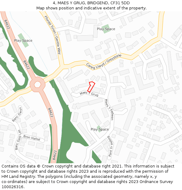 4, MAES Y GRUG, BRIDGEND, CF31 5DD: Location map and indicative extent of plot