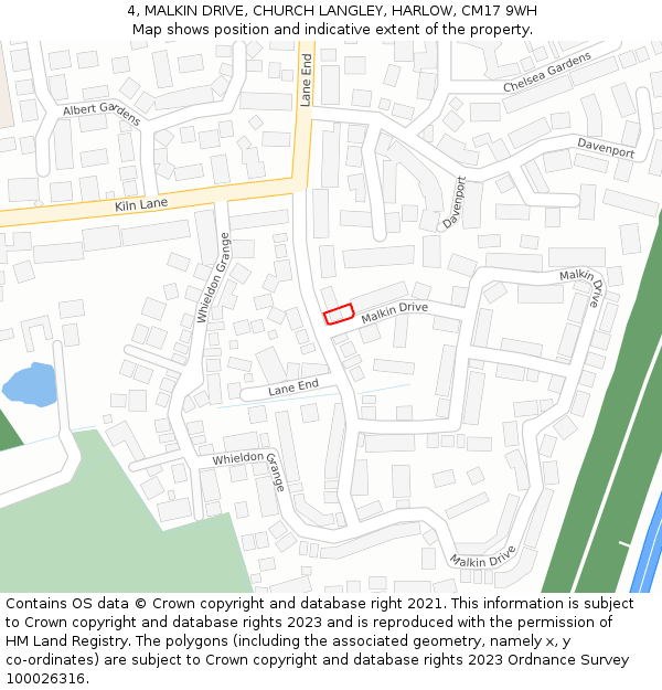 4, MALKIN DRIVE, CHURCH LANGLEY, HARLOW, CM17 9WH: Location map and indicative extent of plot