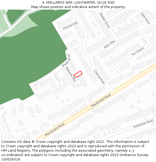 4, MALLARDS WAY, LIGHTWATER, GU18 5ND: Location map and indicative extent of plot