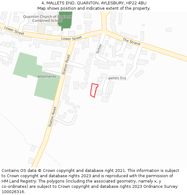 4, MALLETS END, QUAINTON, AYLESBURY, HP22 4BU: Location map and indicative extent of plot