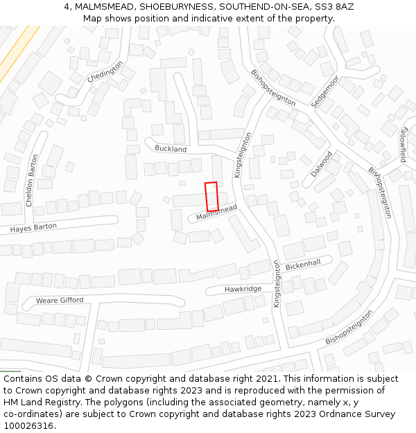 4, MALMSMEAD, SHOEBURYNESS, SOUTHEND-ON-SEA, SS3 8AZ: Location map and indicative extent of plot