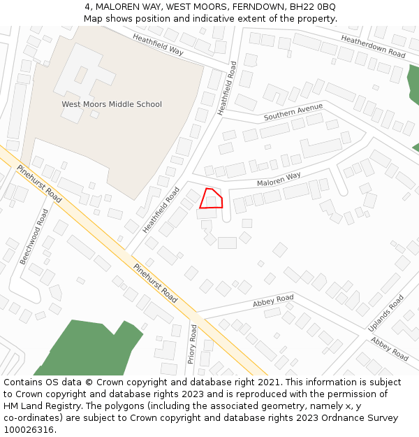 4, MALOREN WAY, WEST MOORS, FERNDOWN, BH22 0BQ: Location map and indicative extent of plot