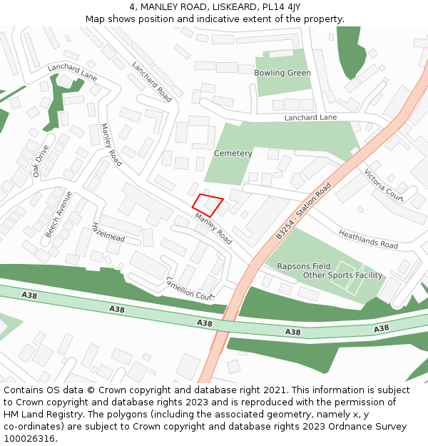 4, MANLEY ROAD, LISKEARD, PL14 4JY: Location map and indicative extent of plot