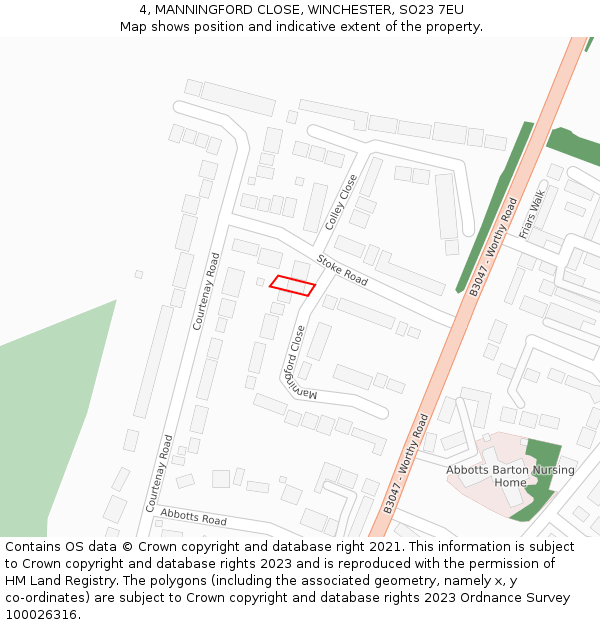 4, MANNINGFORD CLOSE, WINCHESTER, SO23 7EU: Location map and indicative extent of plot