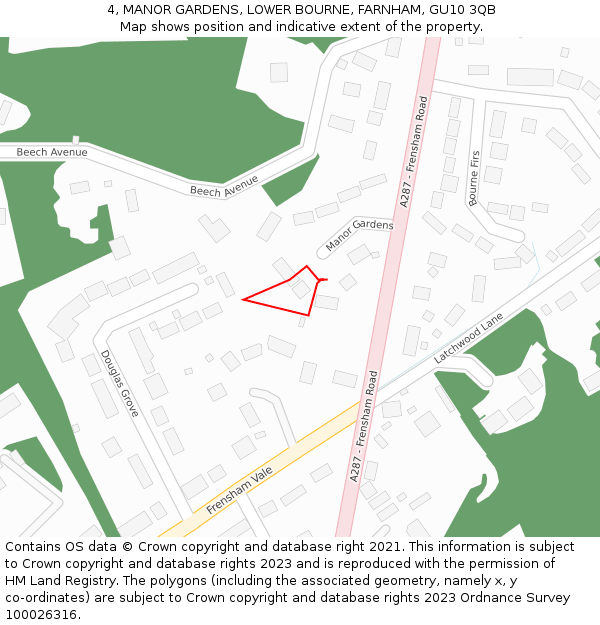 4, MANOR GARDENS, LOWER BOURNE, FARNHAM, GU10 3QB: Location map and indicative extent of plot