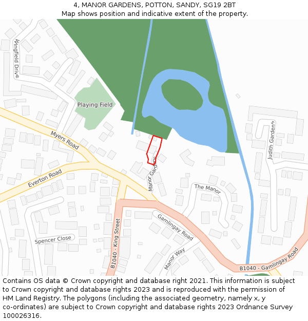 4, MANOR GARDENS, POTTON, SANDY, SG19 2BT: Location map and indicative extent of plot