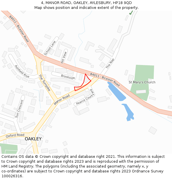 4, MANOR ROAD, OAKLEY, AYLESBURY, HP18 9QD: Location map and indicative extent of plot