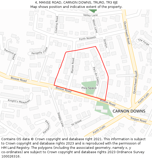 4, MANSE ROAD, CARNON DOWNS, TRURO, TR3 6JE: Location map and indicative extent of plot