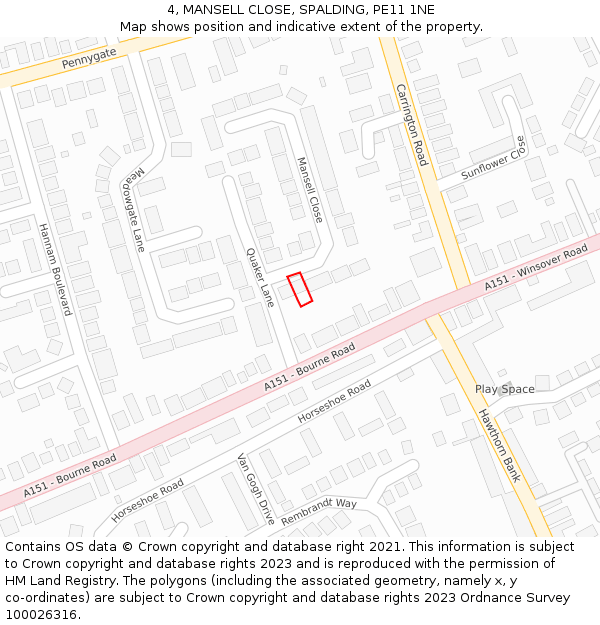 4, MANSELL CLOSE, SPALDING, PE11 1NE: Location map and indicative extent of plot