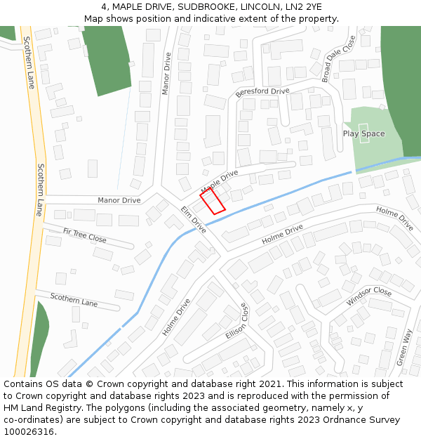 4, MAPLE DRIVE, SUDBROOKE, LINCOLN, LN2 2YE: Location map and indicative extent of plot
