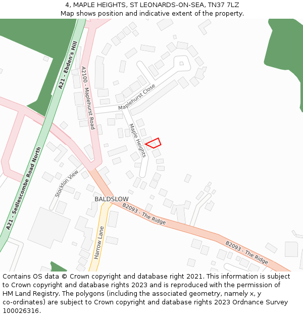 4, MAPLE HEIGHTS, ST LEONARDS-ON-SEA, TN37 7LZ: Location map and indicative extent of plot