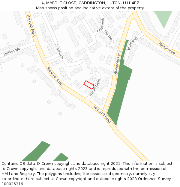 4, MARDLE CLOSE, CADDINGTON, LUTON, LU1 4EZ: Location map and indicative extent of plot